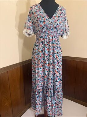 NWT Zara Blue Floral Boho Maxi Dress Lace Trim Cottagecore Size Medium